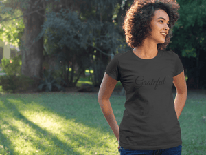African American woman wearing Grateful tee by CP Designs Unlimited
